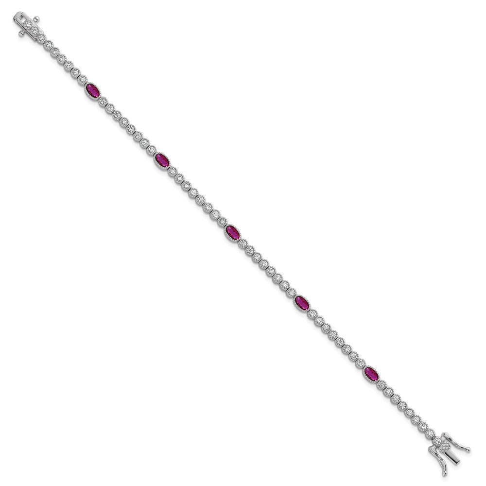 Sterling Silver Rhodium-plated Polished and Beaded Fancy Oval Red and Round White CZ 7 Inch Bracelet QG6996-7