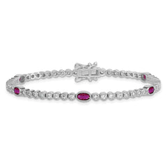 Sterling Silver Rhodium-plated Polished and Beaded Fancy Oval Red and Round White CZ 7 Inch Bracelet QG6996-7