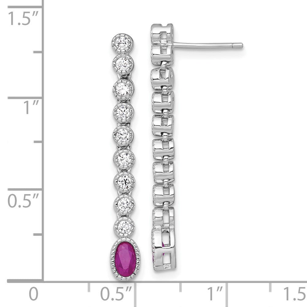 QG6996E Sterling Silver Rhodium-plated Polished and Beaded Oval Red and Round White CZ Dangle Post Earrings