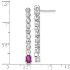 QG6996E Sterling Silver Rhodium-plated Polished and Beaded Oval Red and Round White CZ Dangle Post Earrings