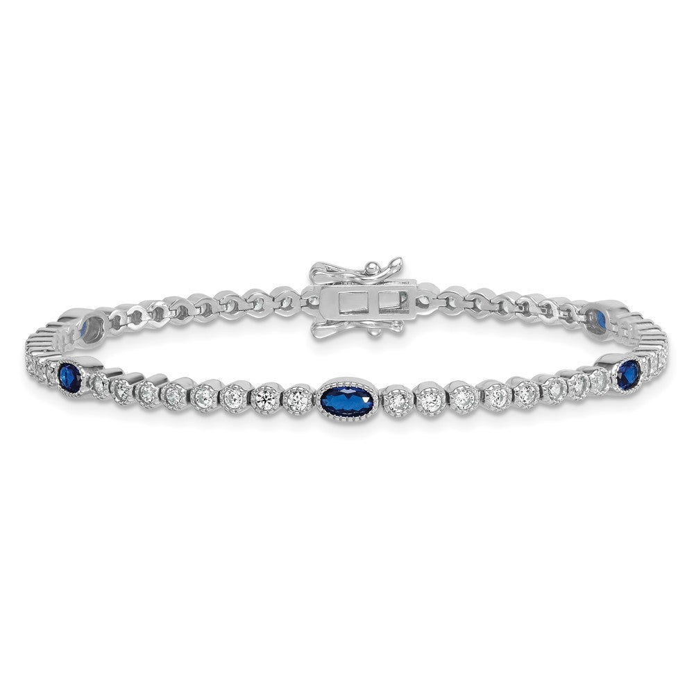 Sterling Silver Rhodium-plated Polished and Beaded Fancy Oval Blue and Round White CZ 7 Inch Bracelet QG6997-7