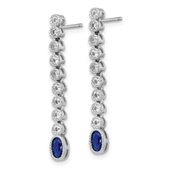 QG6997E Sterling Silver Rhodium-plated Polished and Beaded Oval Blue and Round White CZ Dangle Post Earrings