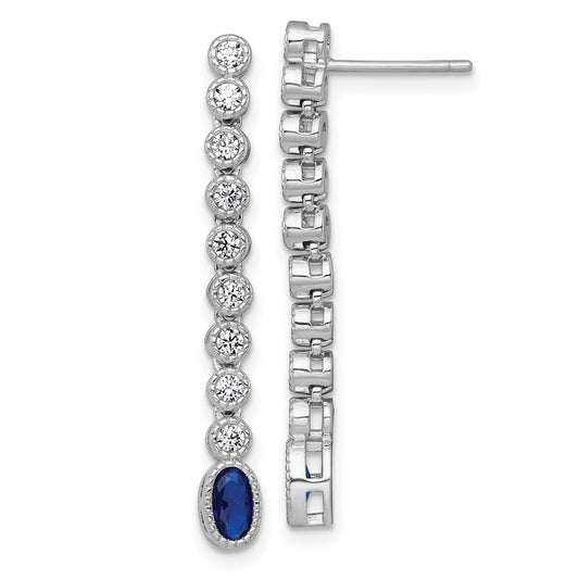 QG6997E Sterling Silver Rhodium-plated Polished and Beaded Oval Blue and Round White CZ Dangle Post Earrings