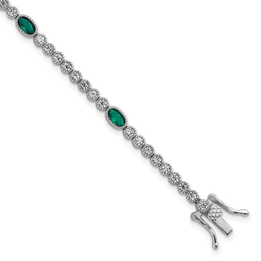 Sterling Silver Rhodium-plated Polished and Beaded Fancy Oval Green and Round White CZ 7 Inch Bracelet QG6998-7