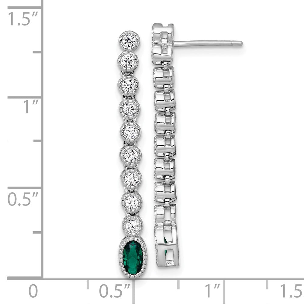 QG6998E Sterling Silver Rhodium-plated Polished and Beaded Oval Green and Round White CZ Dangle Post Earrings