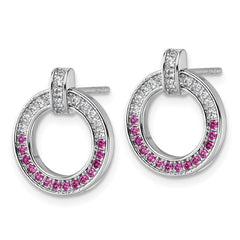 QG7002E Sterling Silver Rhodium-plated White and Red CZ Open Circle Post Earrings