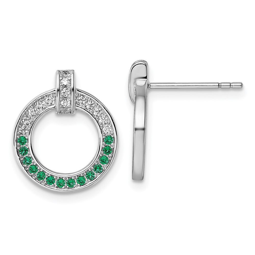 QG7004E Sterling Silver Rhodium-plated White and Green CZ Open Circle Post Earrings