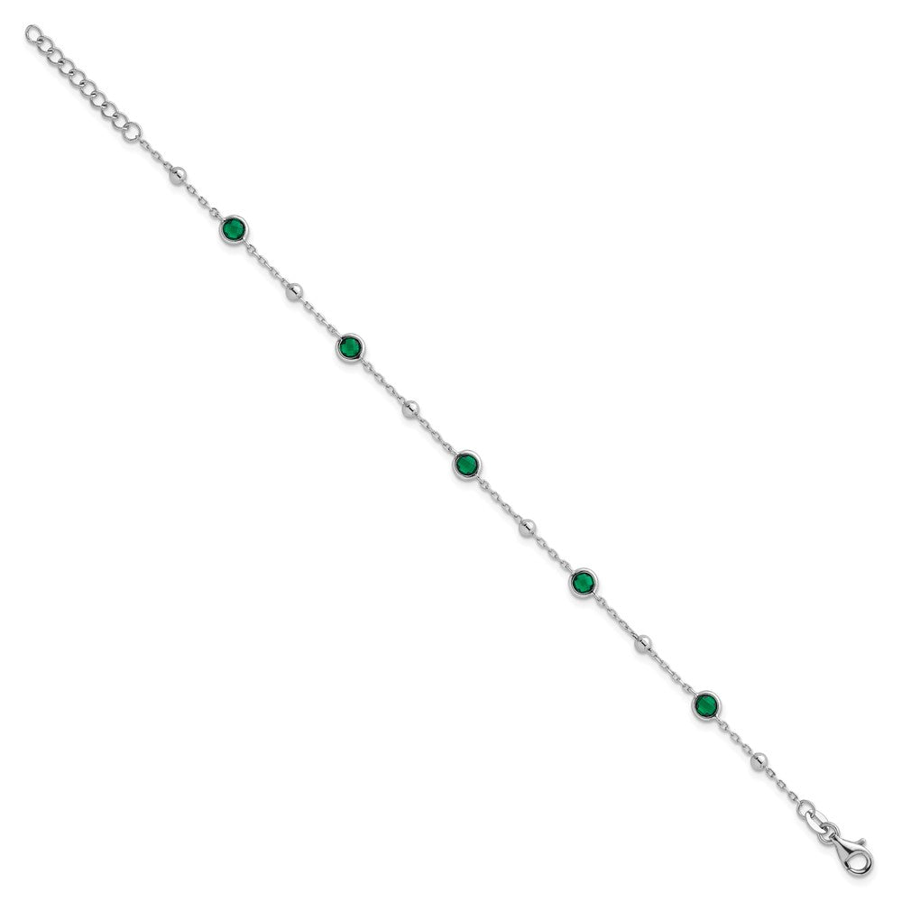 Sterling Silver Rhodium-plated Polished and Beaded Bezel-set Round Green CZ 7 Inch with 1 Inch Extension Bracelet QG7008-7