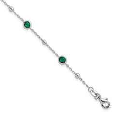 Sterling Silver Rhodium-plated Polished and Beaded Bezel-set Round Green CZ 7 Inch with 1 Inch Extension Bracelet QG7008-7