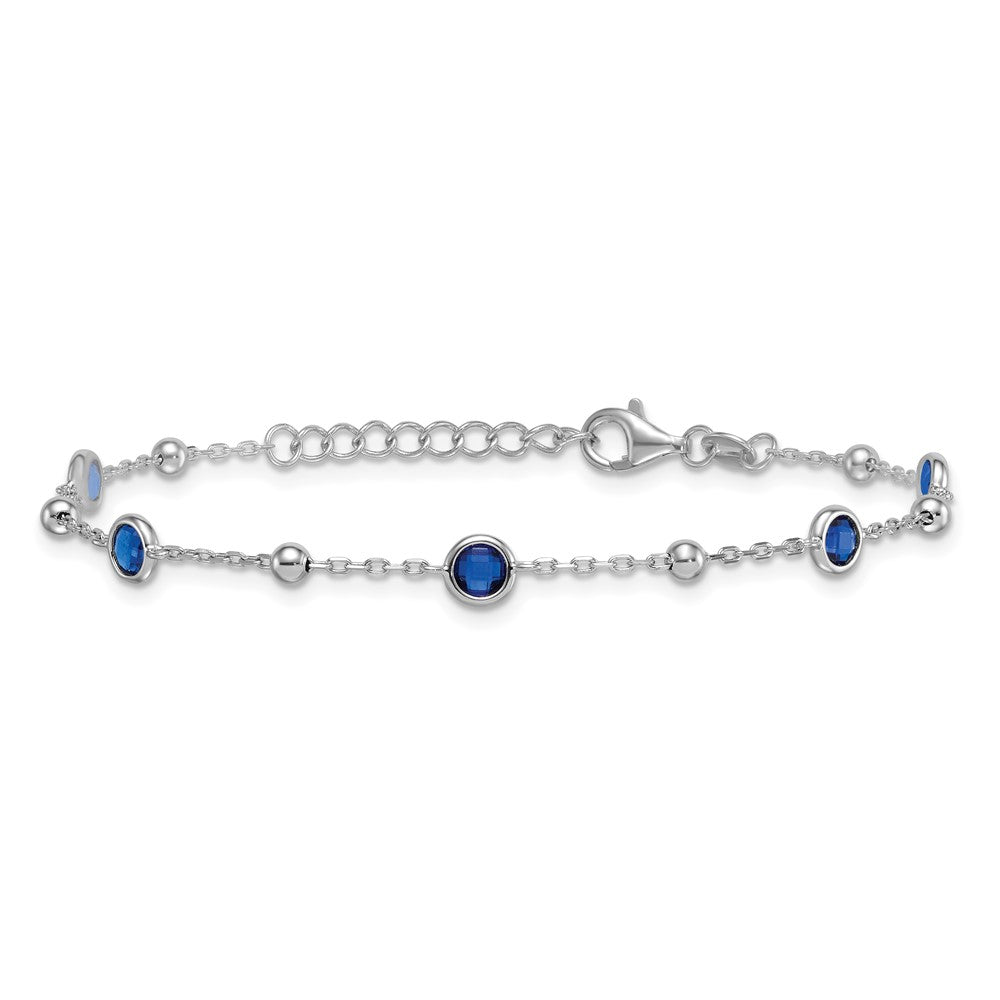 Sterling Silver Rhodium-plated Polished and Beaded Bezel-set Round Blue CZ 7 Inch with 1 Inch Extension Bracelet QG7009-7