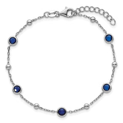 Sterling Silver Rhodium-plated Polished and Beaded Bezel-set Round Blue CZ 7 Inch with 1 Inch Extension Bracelet QG7009-7