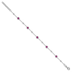 Sterling Silver Rhodium-plated Polished and Beaded Bezel-set Round Red CZ 7 Inch with 1 Inch Extension Bracelet QG7010-7