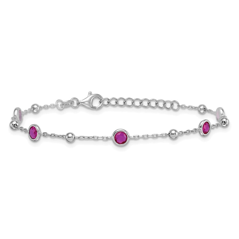Sterling Silver Rhodium-plated Polished and Beaded Bezel-set Round Red CZ 7 Inch with 1 Inch Extension Bracelet QG7010-7