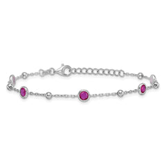 Sterling Silver Rhodium-plated Polished and Beaded Bezel-set Round Red CZ 7 Inch with 1 Inch Extension Bracelet QG7010-7