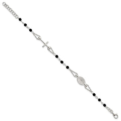 Sterling Silver Polished Beaded Black Glass 6.5 inch with 1 inch Extension Rosary-Design Bracelet QG7019-6.5