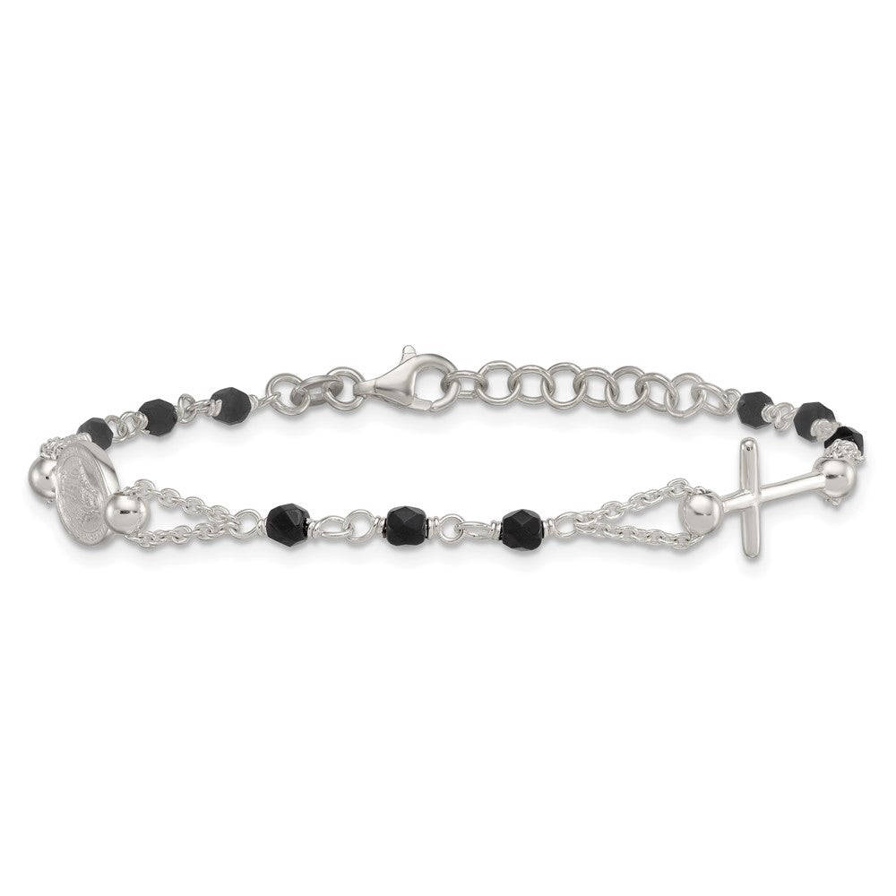 Sterling Silver Polished Beaded Black Glass 6.5 inch with 1 inch Extension Rosary-Design Bracelet QG7019-6.5