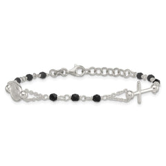 Sterling Silver Polished Beaded Black Glass 6.5 inch with 1 inch Extension Rosary-Design Bracelet QG7019-6.5