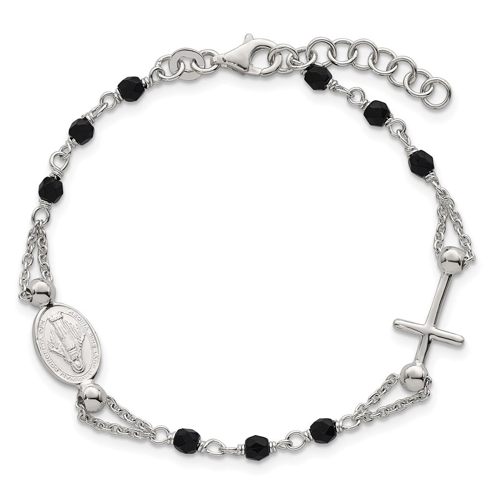 Sterling Silver Polished Beaded Black Glass 6.5 inch with 1 inch Extension Rosary-Design Bracelet QG7019-6.5