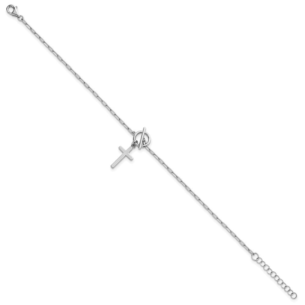 Sterling Silver Rhodium-plated Polished Cross Dangle Paperclip Link 6.5 Inch with 1 Inch Extension Bracelet QG7020-6.5