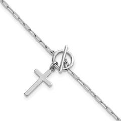 Sterling Silver Rhodium-plated Polished Cross Dangle Paperclip Link 6.5 Inch with 1 Inch Extension Bracelet QG7020-6.5