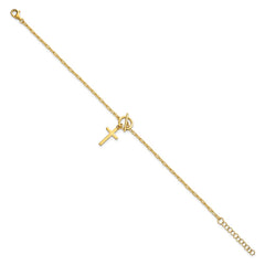 Sterling Silver Gold-tone Polished Cross Dangle Paperclip Link 6.5 Inch with 1 Inch Extension Bracelet QG7020GP-6.5