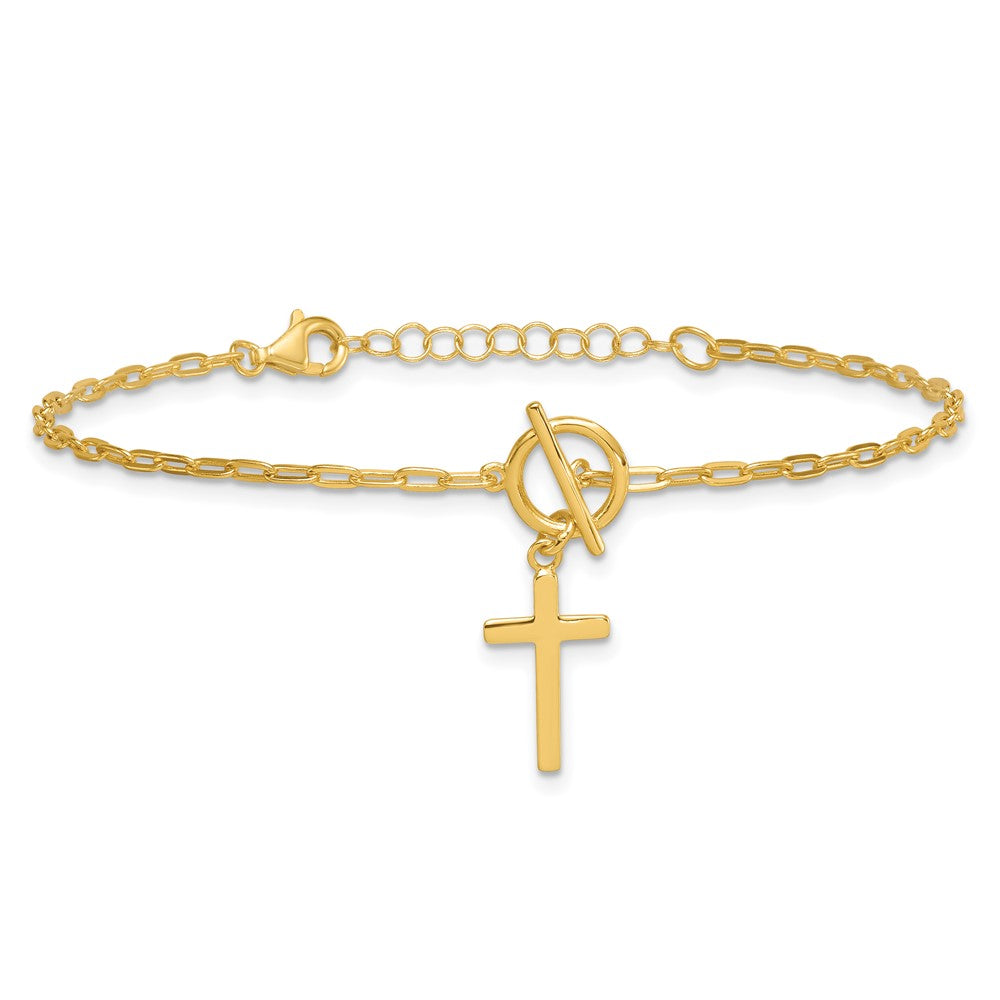 Sterling Silver Gold-tone Polished Cross Dangle Paperclip Link 6.5 Inch with 1 Inch Extension Bracelet QG7020GP-6.5