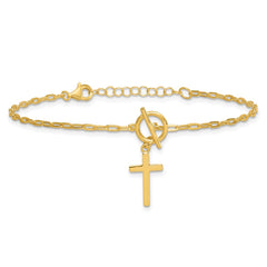 Sterling Silver Gold-tone Polished Cross Dangle Paperclip Link 6.5 Inch with 1 Inch Extension Bracelet QG7020GP-6.5