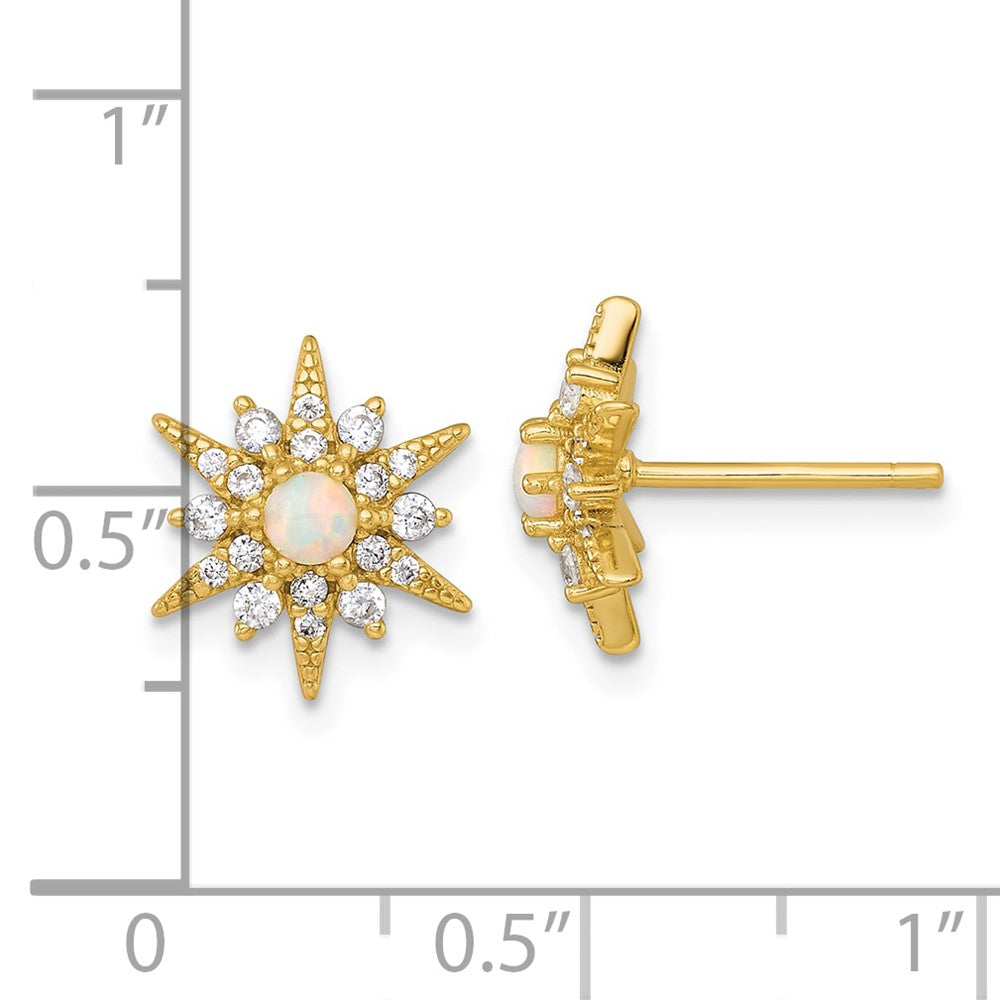 QG7105EGP Sterling Silver Gold-Tone Polished Lab Created Opal and CZ Starburst Post Earrings
