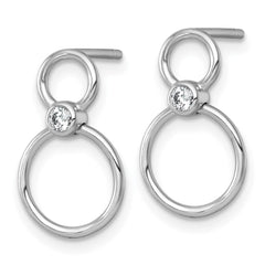 QG7107E Sterling Silver Rhodium-plated Polished CZ Two Circles Post Dangle Earrings