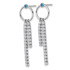 QG7108E Sterling Silver Rhodium-plated Blue and White CZ Circle with 2 Drops Dangle Post Earrings