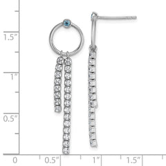 QG7108E Sterling Silver Rhodium-plated Blue and White CZ Circle with 2 Drops Dangle Post Earrings