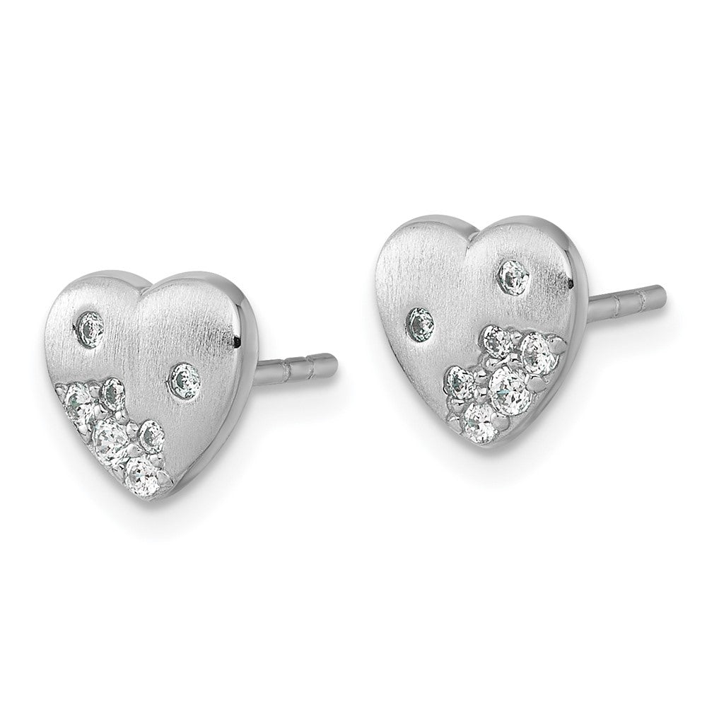 QG7109E Sterling Silver Rhodium-plated Brushed CZ Heart Post Earrings