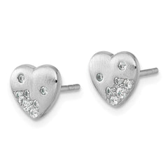 QG7109E Sterling Silver Rhodium-plated Brushed CZ Heart Post Earrings