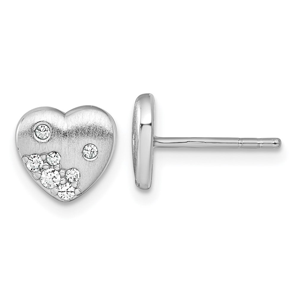 QG7109E Sterling Silver Rhodium-plated Brushed CZ Heart Post Earrings