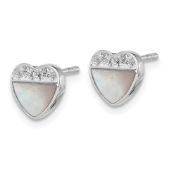 QG7110E Sterling Silver Rhodium-plated Polished Mother of Pearl and CZ Heart Post Earrings