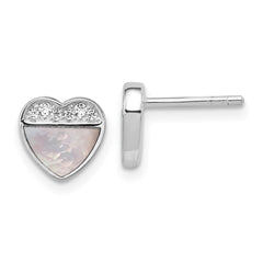QG7110E Sterling Silver Rhodium-plated Polished Mother of Pearl and CZ Heart Post Earrings