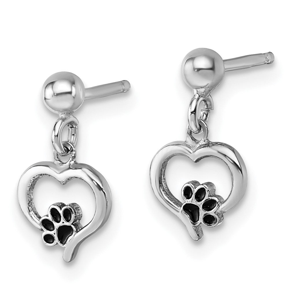 QG7112E Sterling Silver Rhodium-plated Heart with Black Enameled Paw Print Post Dangle Earrings