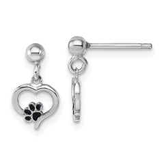 QG7112E Sterling Silver Rhodium-plated Heart with Black Enameled Paw Print Post Dangle Earrings