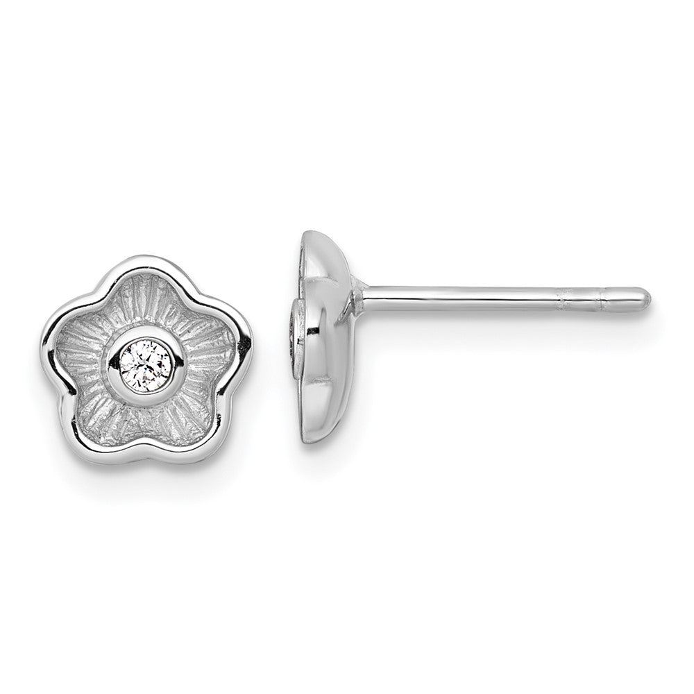QG7114E Sterling Silver Rhodium-plated Polished Textured CZ Flower Post Earrings