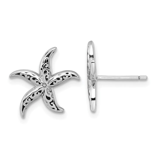 QG7116E Sterling Silver Rhodium-plated Polished and Oxidized Filigree Starfish Post Earrings