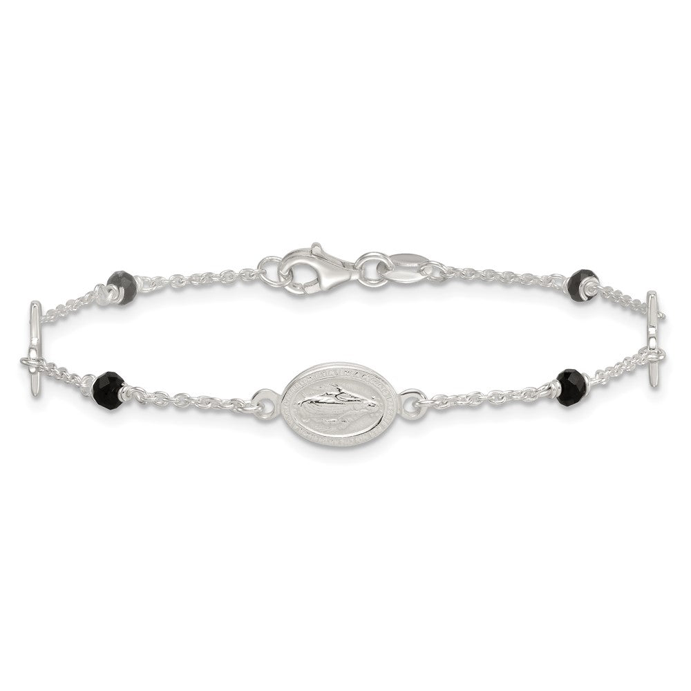 Sterling Silver Polished Spanish Miraculous Medal and Crosses with Black Glass Beads 7.5 inch Bracelet QG7121-7.5