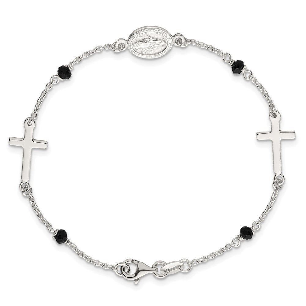 Sterling Silver Polished Spanish Miraculous Medal and Crosses with Black Glass Beads 7.5 inch Bracelet QG7121-7.5
