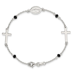 Sterling Silver Polished Spanish Miraculous Medal and Crosses with Black Glass Beads 7.5 inch Bracelet QG7121-7.5