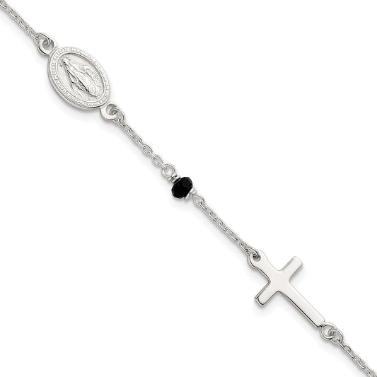 Sterling Silver Polished Spanish Miraculous Medal and Crosses with Black Glass Beads 7.5 inch Bracelet QG7121-7.5