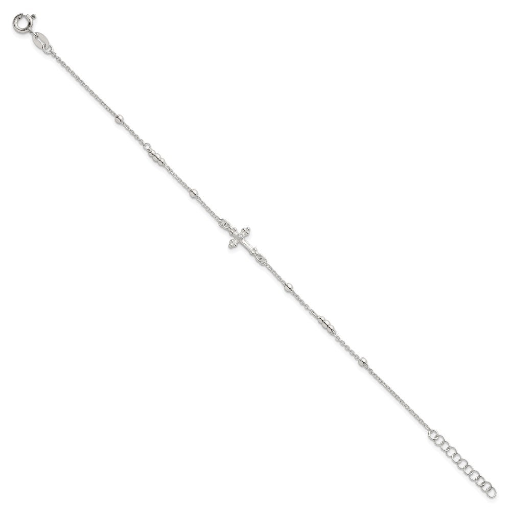 Sterling Silver Polished and Beaded White CZ Budded Cross 7 inch with 1 inch Extension Bracelet QG7122-7