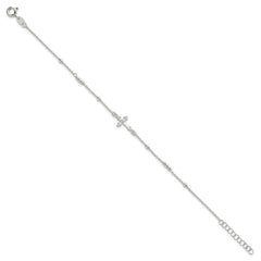 Sterling Silver Polished and Beaded White CZ Budded Cross 7 inch with 1 inch Extension Bracelet QG7122-7