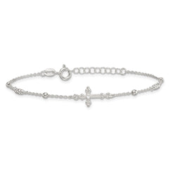 Sterling Silver Polished and Beaded White CZ Budded Cross 7 inch with 1 inch Extension Bracelet QG7122-7