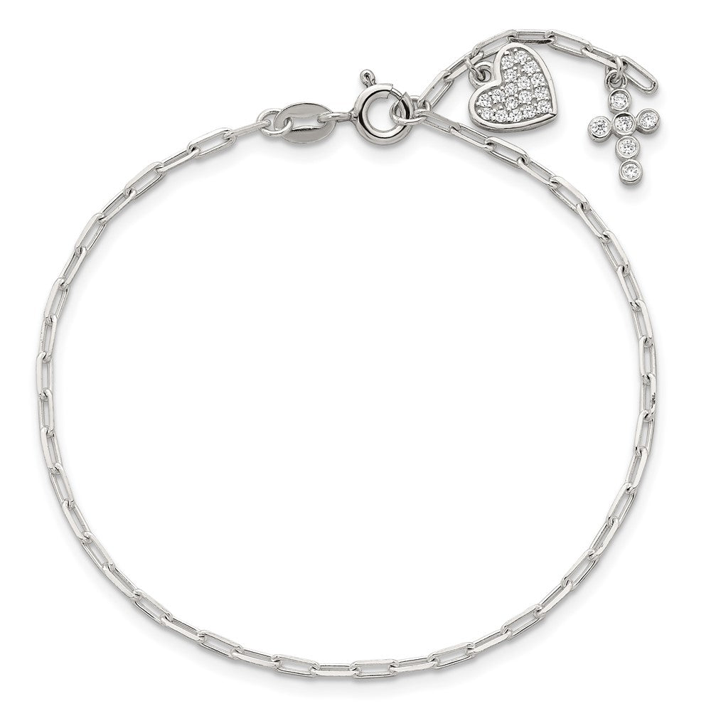 Sterling Silver Polished White CZ Heart and Cross Charms 7 inch with 1 inch Extension Bracelet QG7123-7