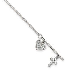 Sterling Silver Polished White CZ Heart and Cross Charms 7 inch with 1 inch Extension Bracelet QG7123-7