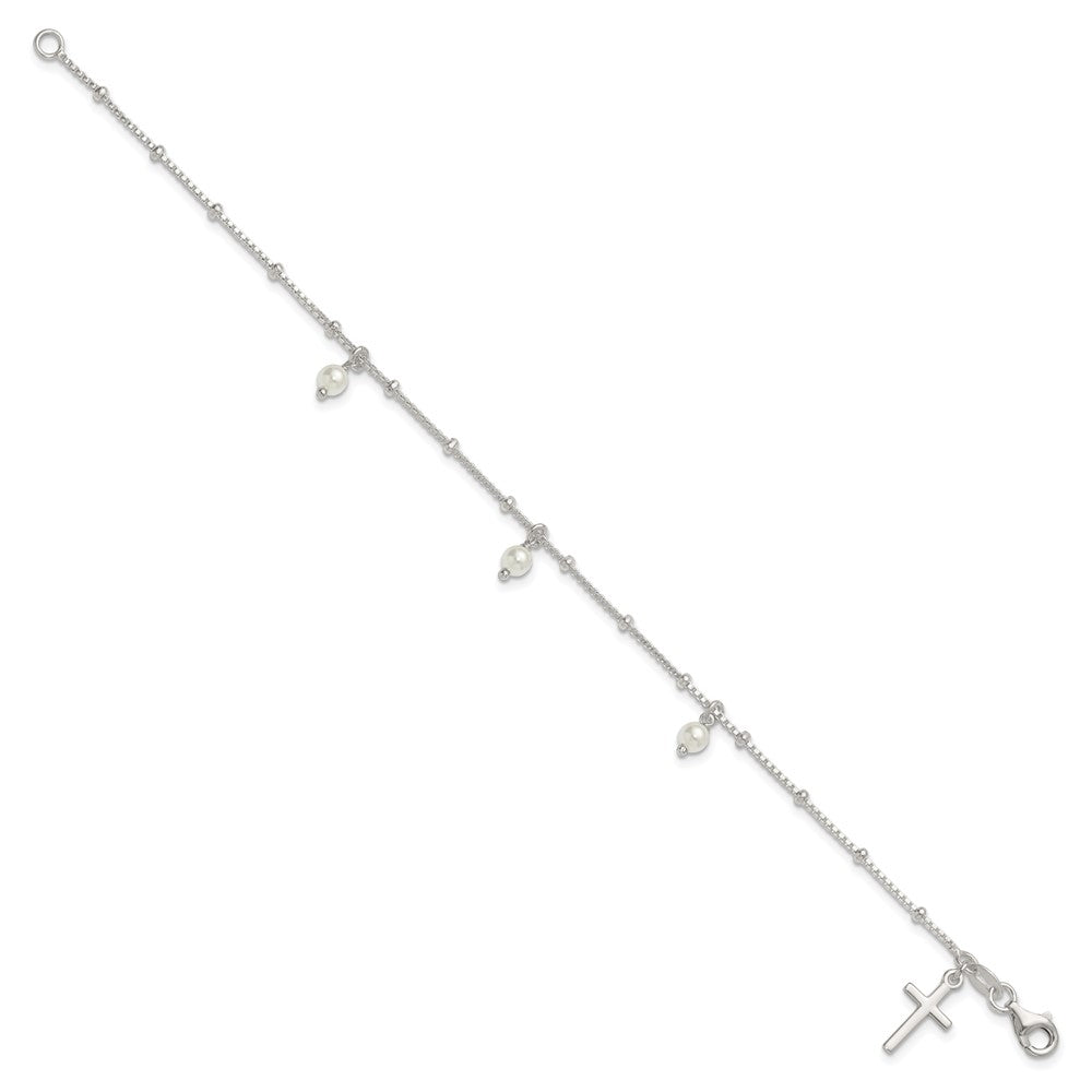 Sterling Silver Polished and Beaded with Glass Pearls and Cross Charm 7.5 inch Bracelet QG7124-7.5